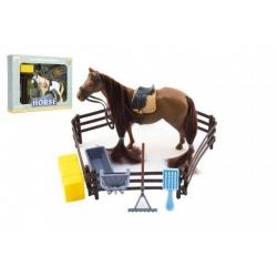 Kůň česací s doplňky a ohradou plast 2 barvy v krabici 28x22x5,5cm