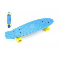 Skateboard - pennyboard 60cm nosnost 90kg, kovové osy, modrá barva, žlutá kola