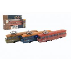 Vlak/tramvaj kov/plast 17cm na zpětný chod na bat. se zvukem se světlem 3 barvy v krabičce 22x13x6cm