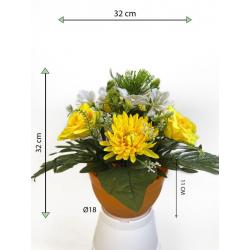 Dekorativní miska s umělou chryzantémou a růží, žlutá, 32 cm