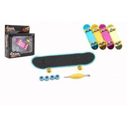 Skateboard prstový šroubovací plast 9cm s doplňky 4 barvy v krabičce 14x14x4cm