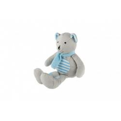 Medvěd/Medvídek sedící se šálou plyš 19cm šedivo-modrý v sáčku 0+
